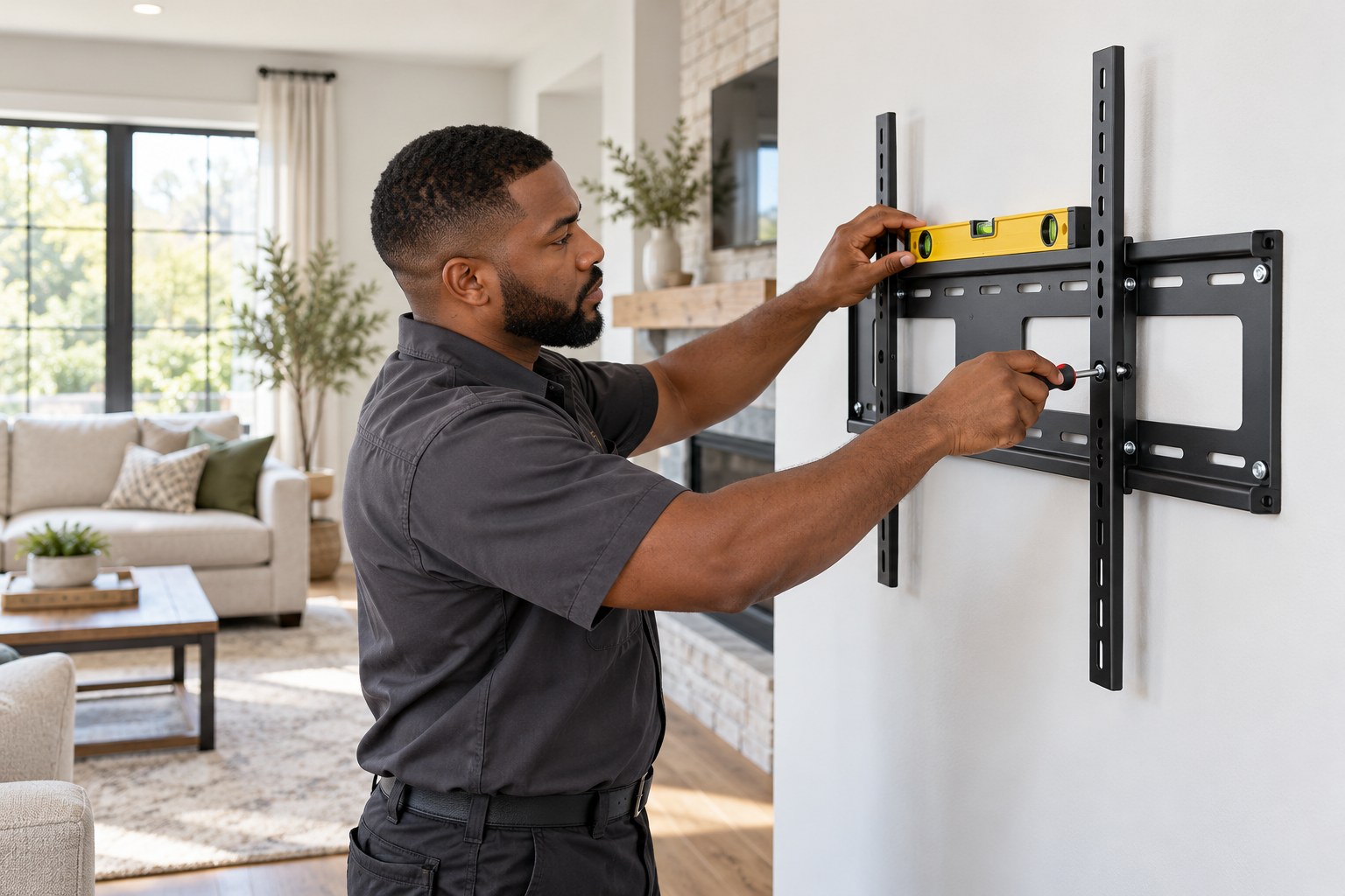 AI reference image of a Black installer mounting a TV bracket