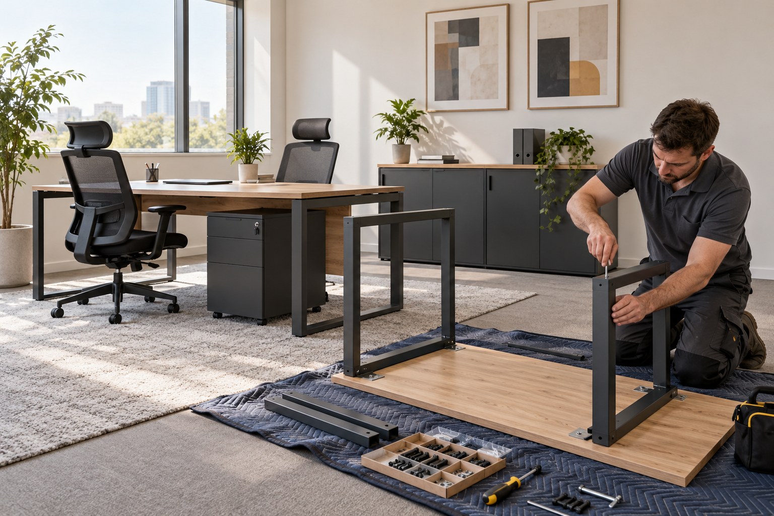 AI reference image of commercial office furniture assembly